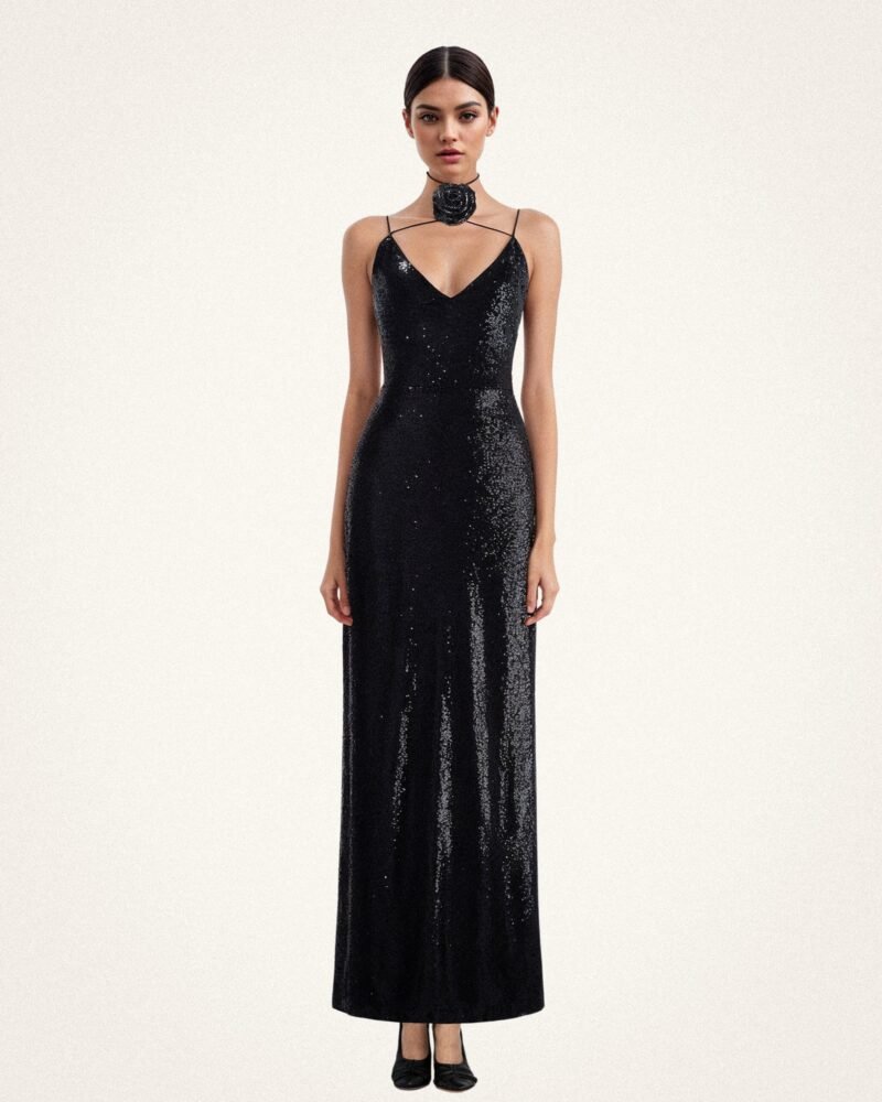 Heisey Black Sequinned Rosette Maxi Dress - Black - Image 1
