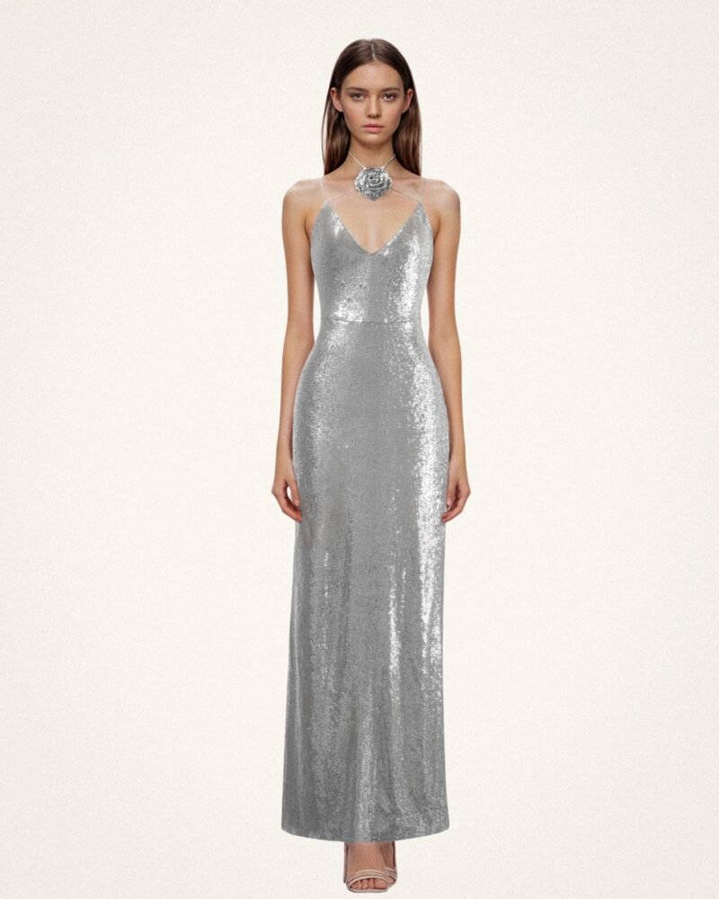 Heisey Silver Sequinned Rosette Maxi Dress - Silver - Image 1
