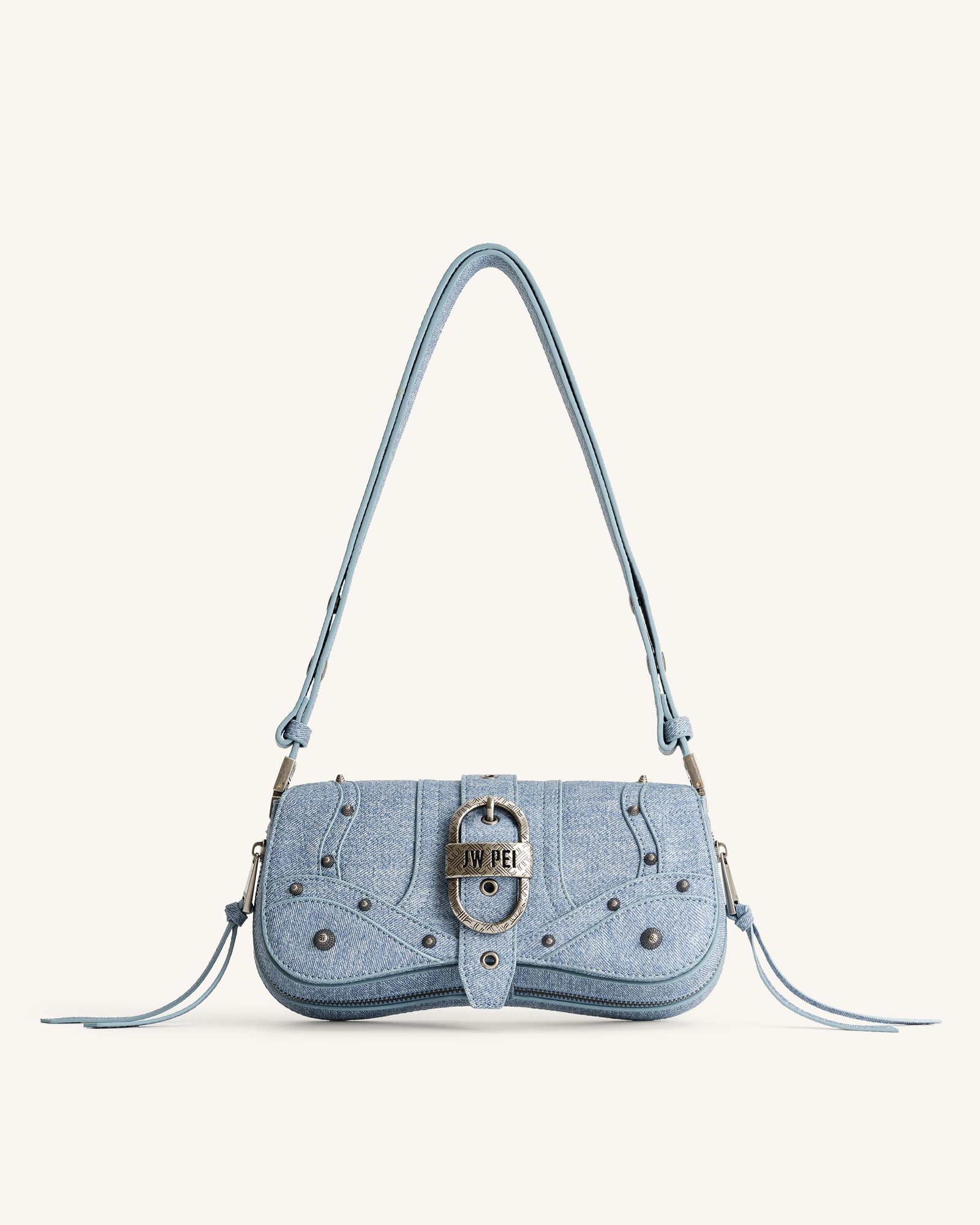 1C56-55 Joy Denim Embossed Curved Shoulder Bag - Blue - Image 1
