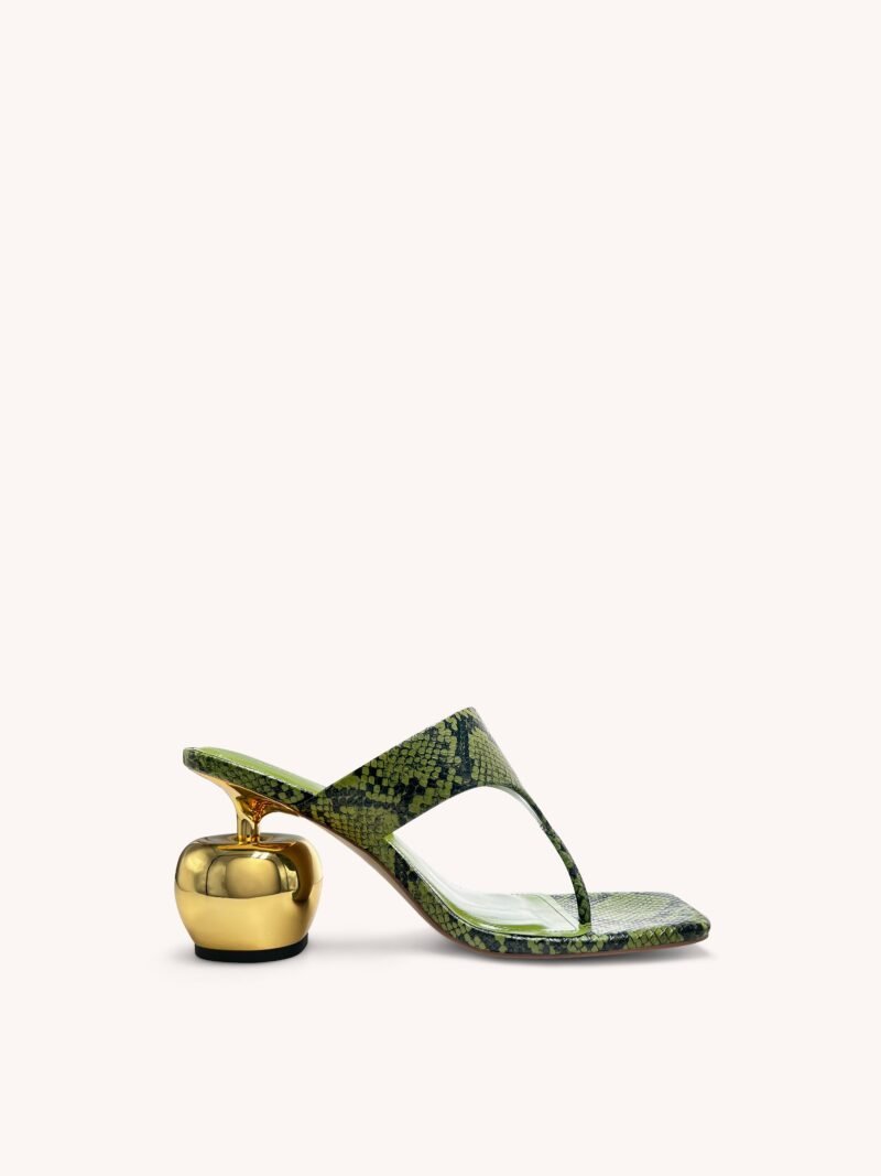Naomi Snakeskin Heeled Flip Flops - Green - Image 1