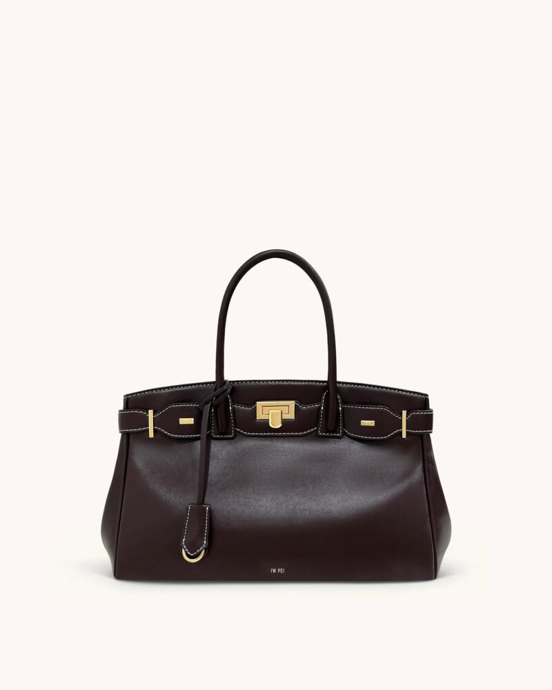 Ziva Metal Lock Decoration Tote Bag - Dark Brown - Image 1