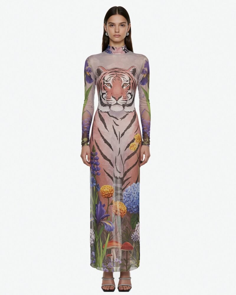 Tiger Print Mesh Long Dress – MultiColor - Image 1