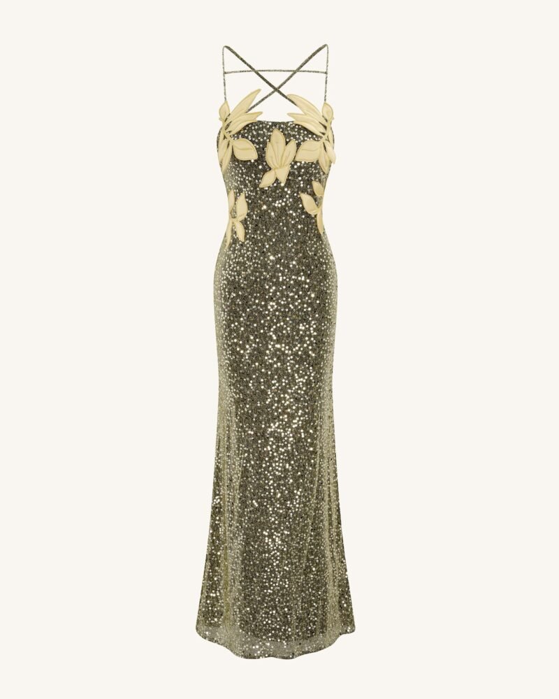 Araminta Sequined Gown with Floral Details - Gold - Image 4