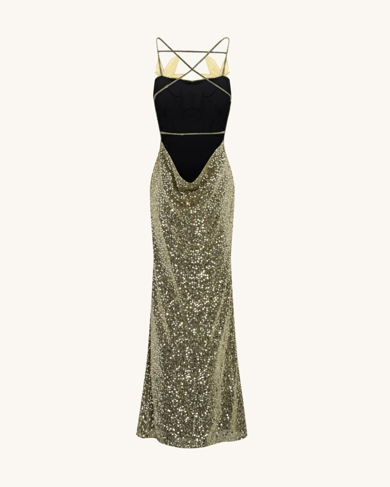 Araminta Sequined Gown with Floral Details - Gold - Image 6