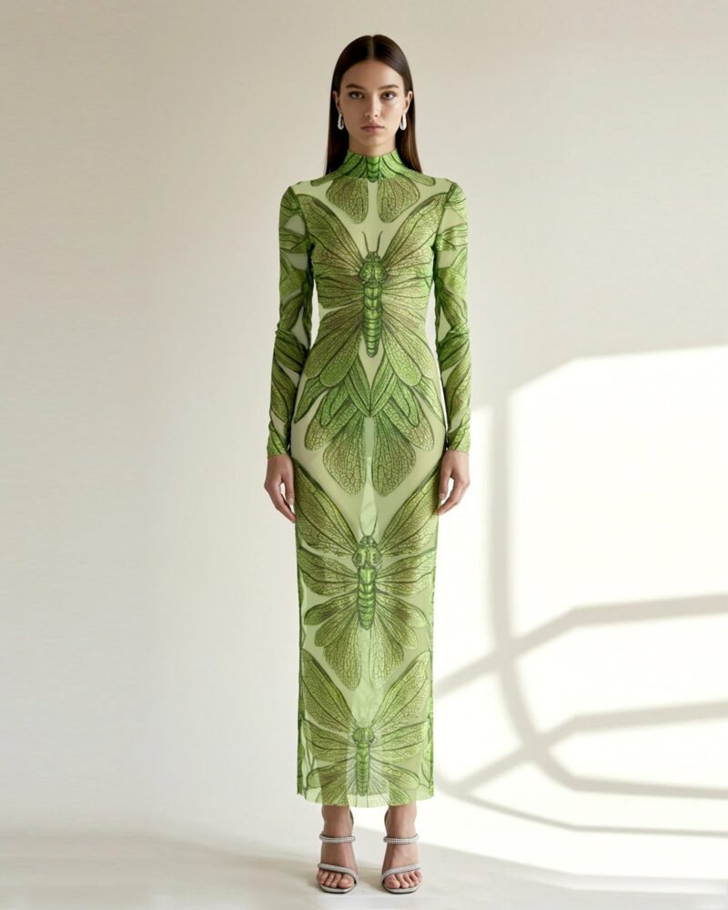 Emerald Dragonfly Sheer Mesh Gown - Green - Image 1