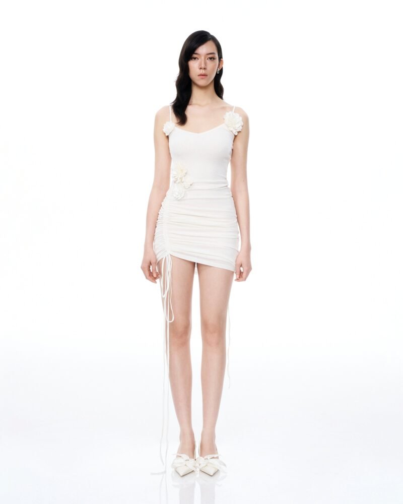 Luciana 3D Floral Pleats Mini Dress - White - Image 1