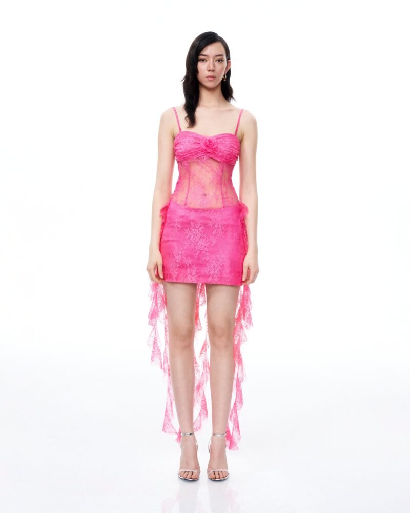 Selene 3D Floral Lace Mini Dress - Pink - Image 1