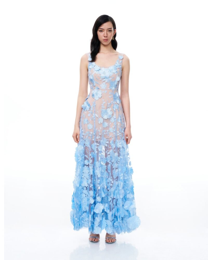 Clementine 3D Floral Embroidered Dress - Blue - Image 1
