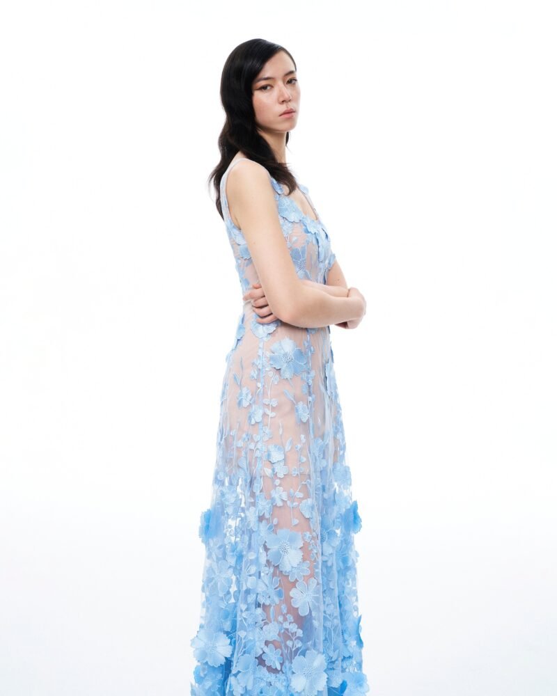 Clementine 3D Floral Embroidered Dress - Blue - Image 6