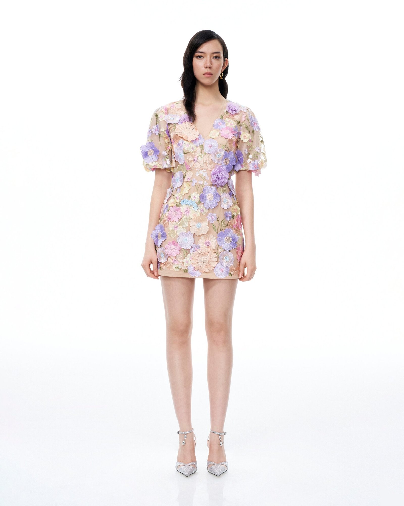 250329JWPEI1539 Evangeline 3D V-Neck Floral Embroidered Dress - Pastel Multi - Image 1