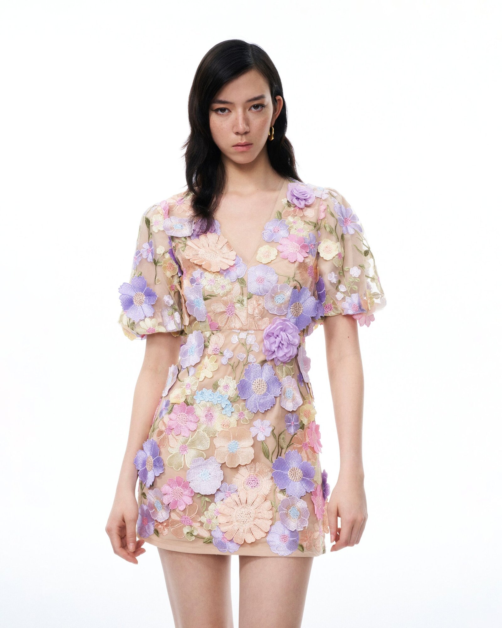 250329JWPEI1556 Evangeline 3D V-Neck Floral Embroidered Dress - Pastel Multi - Image 4