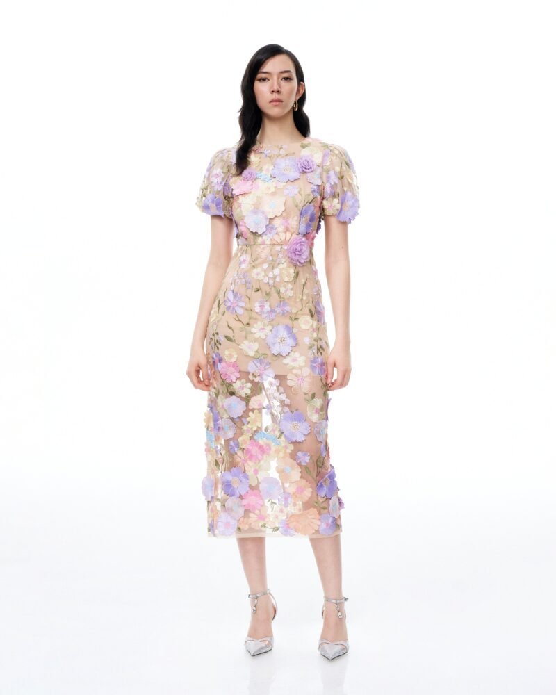 Alaric Round Neck 3D Floral Embroidered Maxi Dress - Pastel Multi - Image 1