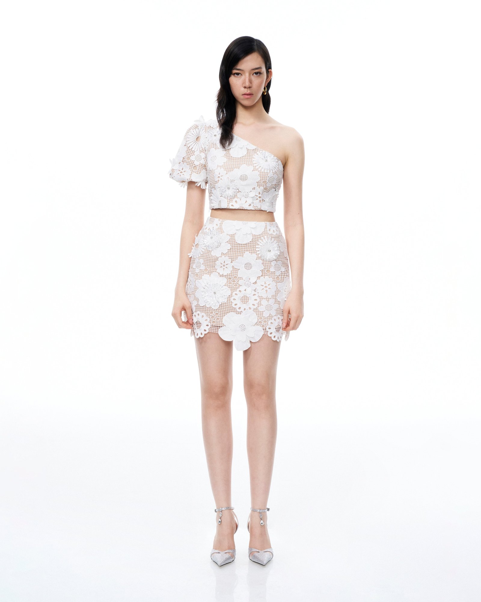 250329JWPEI1590 Ophelia One-shoulder Embroidered Iace Dress Suit - White - Image 1