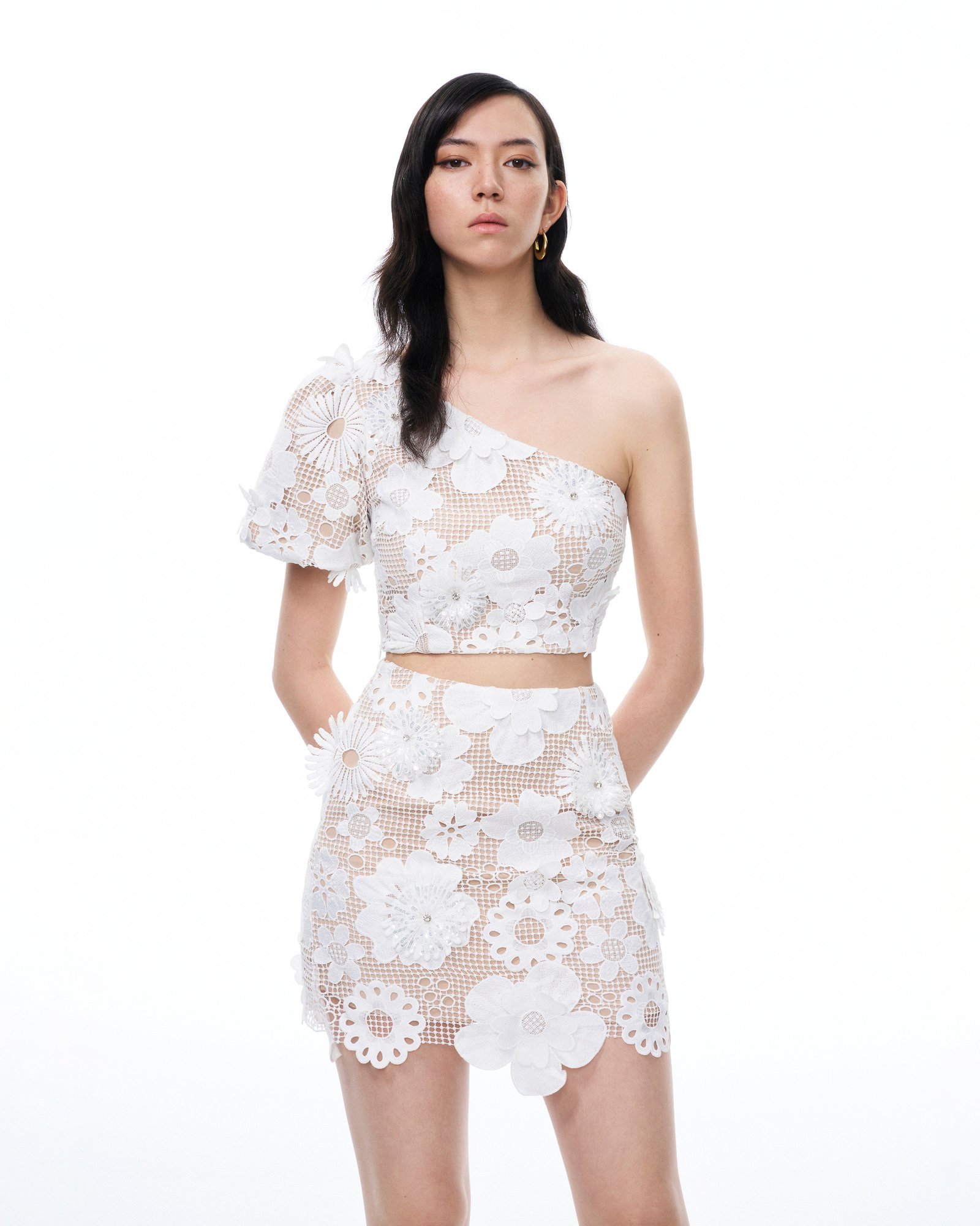 250329JWPEI1603 Ophelia One-shoulder Embroidered Iace Dress Suit - White - Image 4