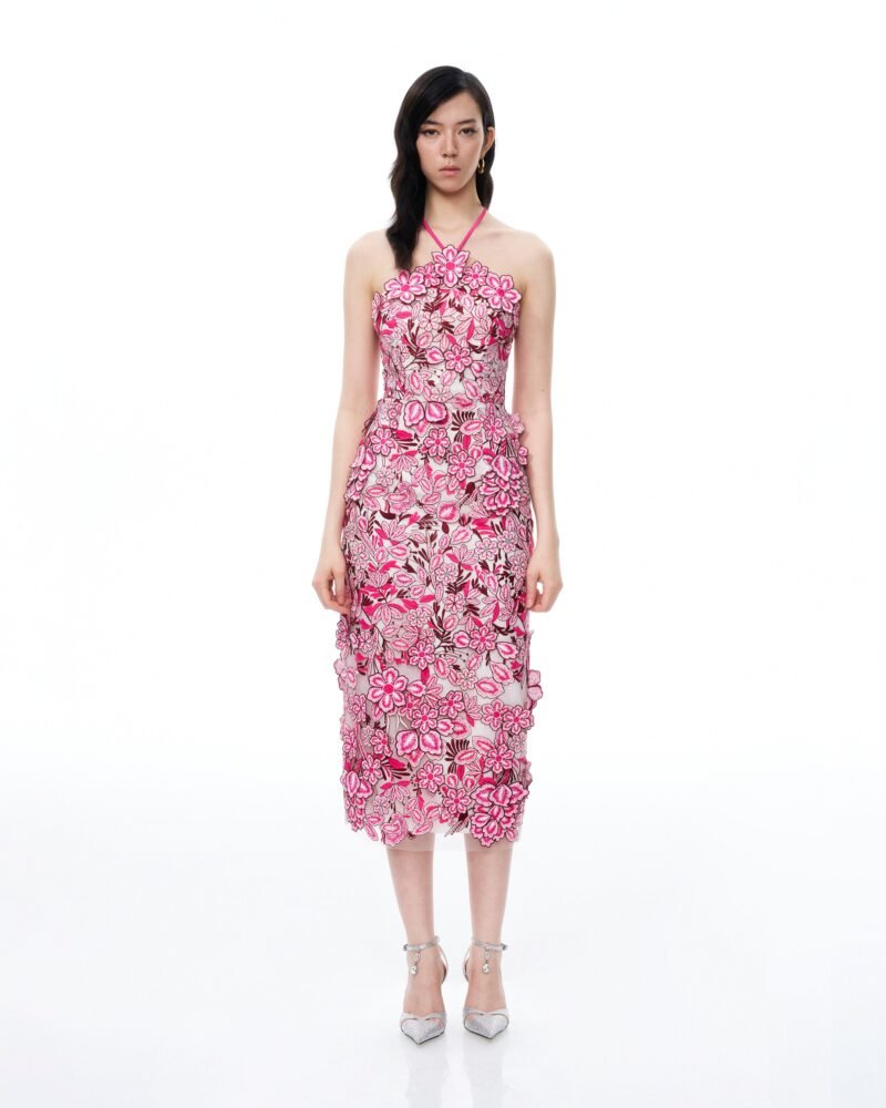 Fiora Halter Neck Floral Embroidered Maxi Dress - Rose Red - Image 1