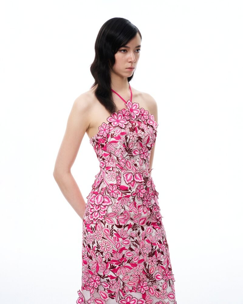 Fiora Halter Neck Floral Embroidered Maxi Dress - Rose Red - Image 5
