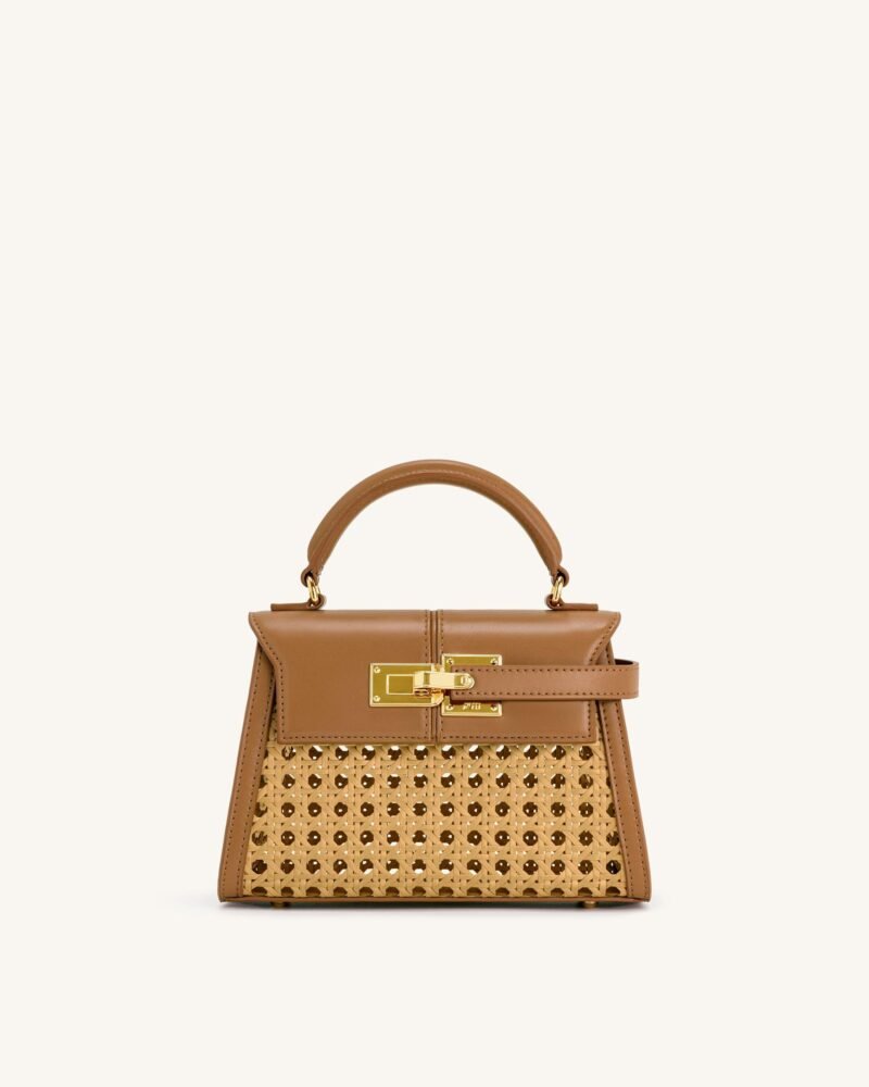 Elise Faux Bamboo Woven Top Handle Bag - Brown - Image 1