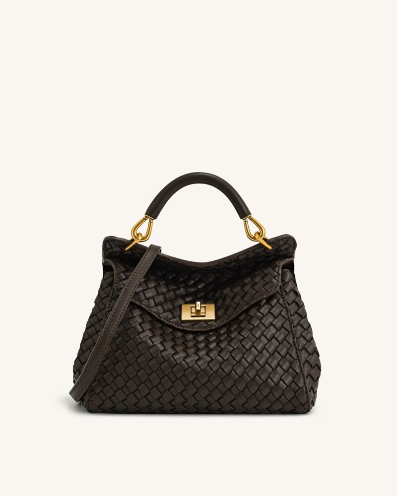 Lucia Classic Top Handle Woven Bag - Dark Brown - Image 1