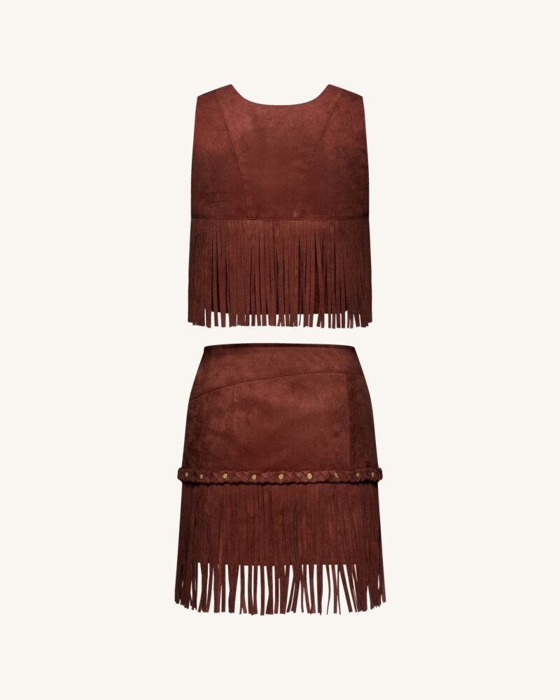 Western-Style Sueded Fringe Skirt - Burgundy - Image 7