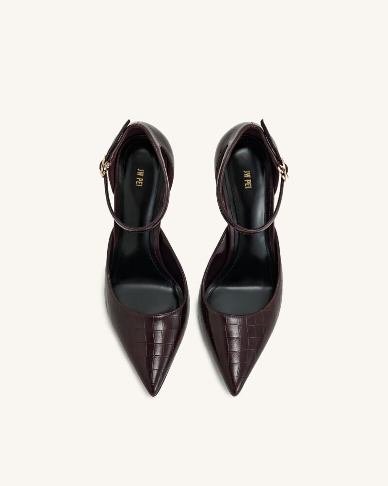 Leah Croc-Embossed Ankle Strap Heels - Burgundy - Image 3