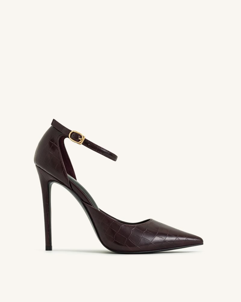Leah Croc-Embossed Ankle Strap Heels - Burgundy - Image 1