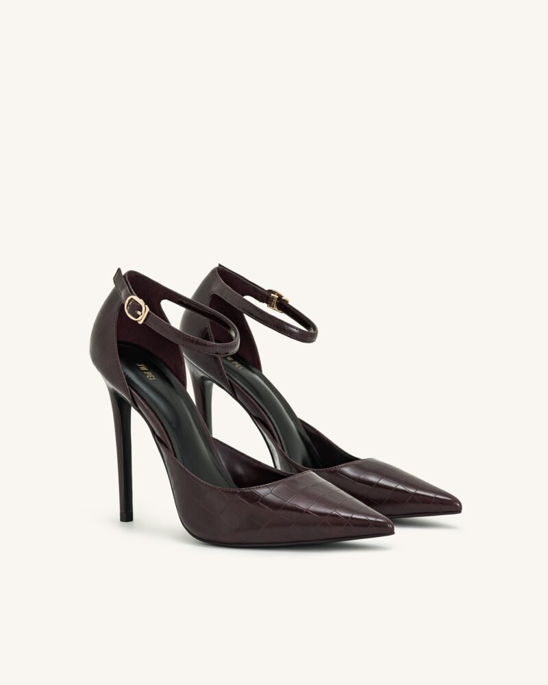 Leah Croc-Embossed Ankle Strap Heels - Burgundy - Image 2