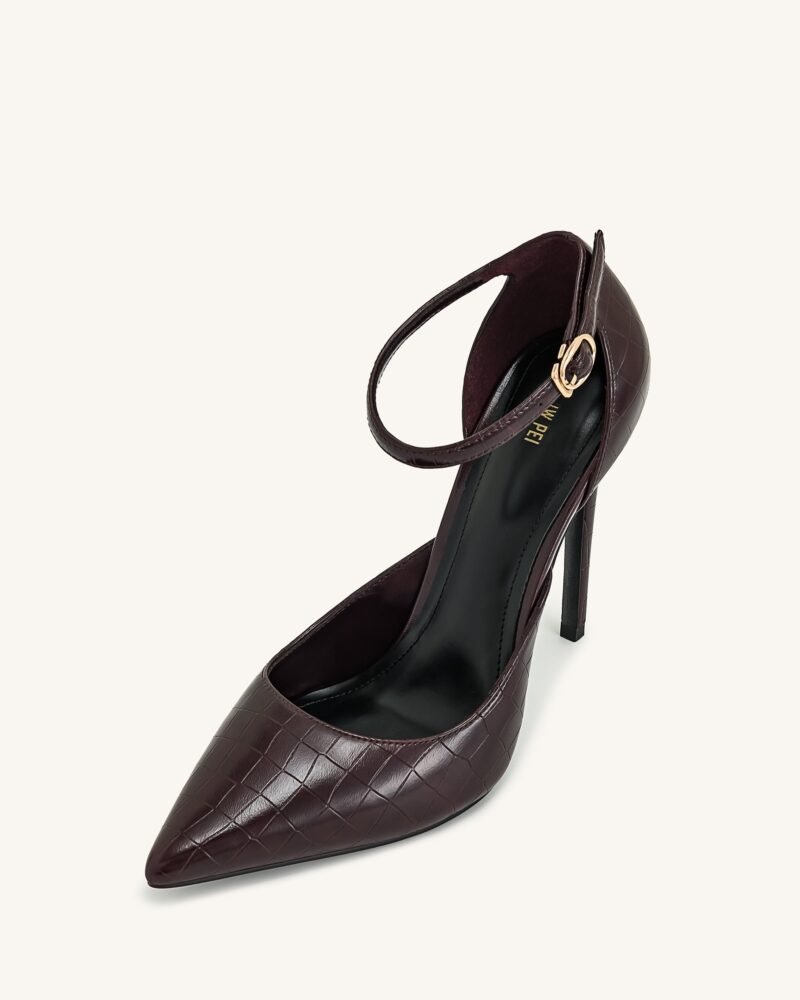 Leah Croc-Embossed Ankle Strap Heels - Burgundy - Image 6