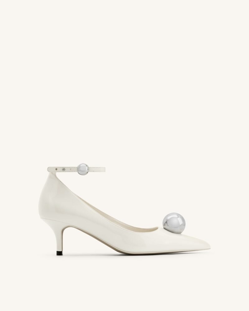 Jewel Buckle Kitten Heels Pumps - White - Image 1