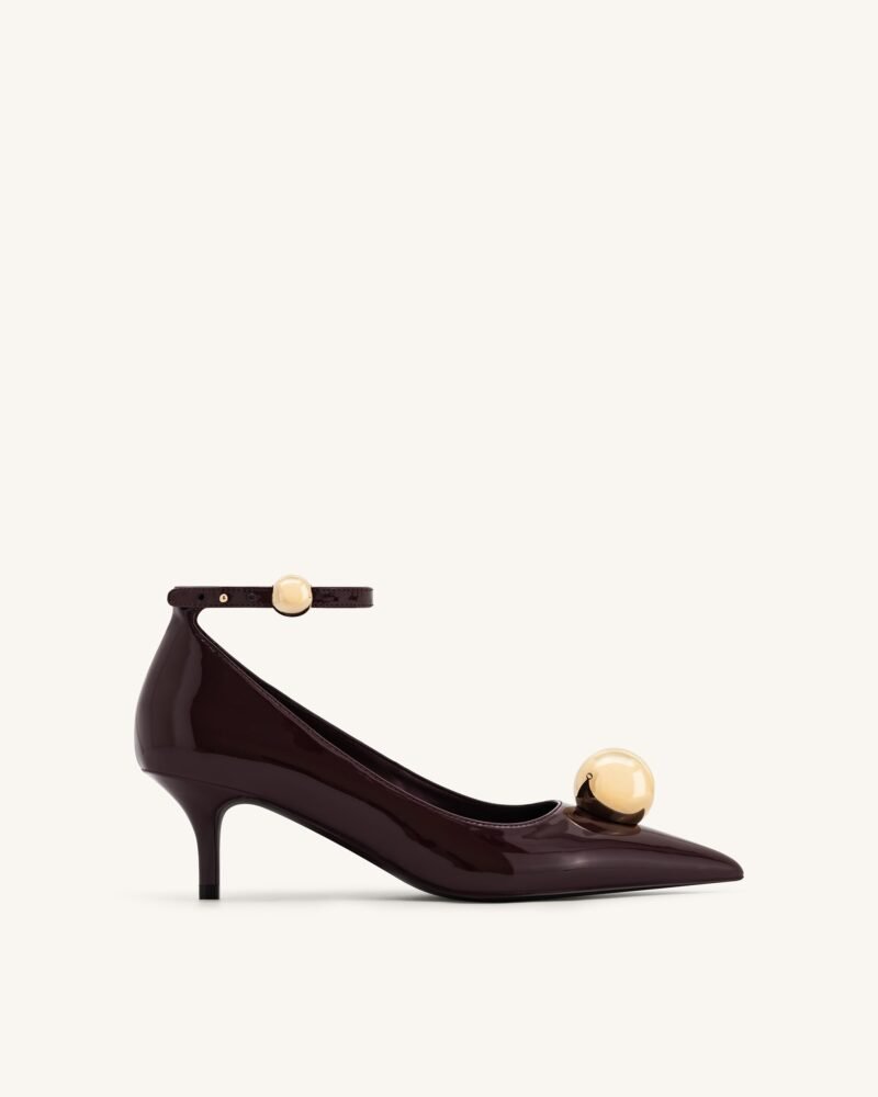 Jewel Buckle Kitten Heels Pumps - Claret Red - Image 1