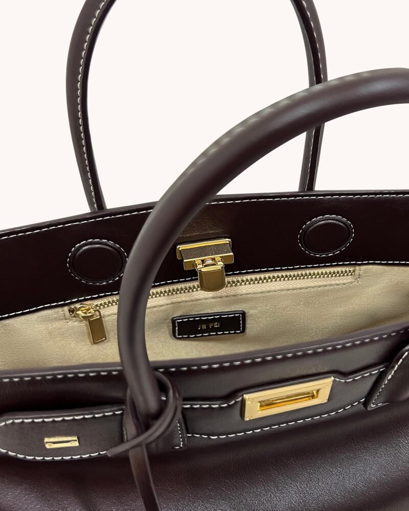 Ziva Metal Lock Decoration Tote Bag - Dark Brown - Image 4