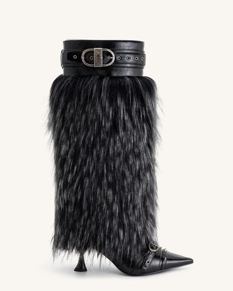 Nico Faux Fur Studded Boot - Black - Image 1