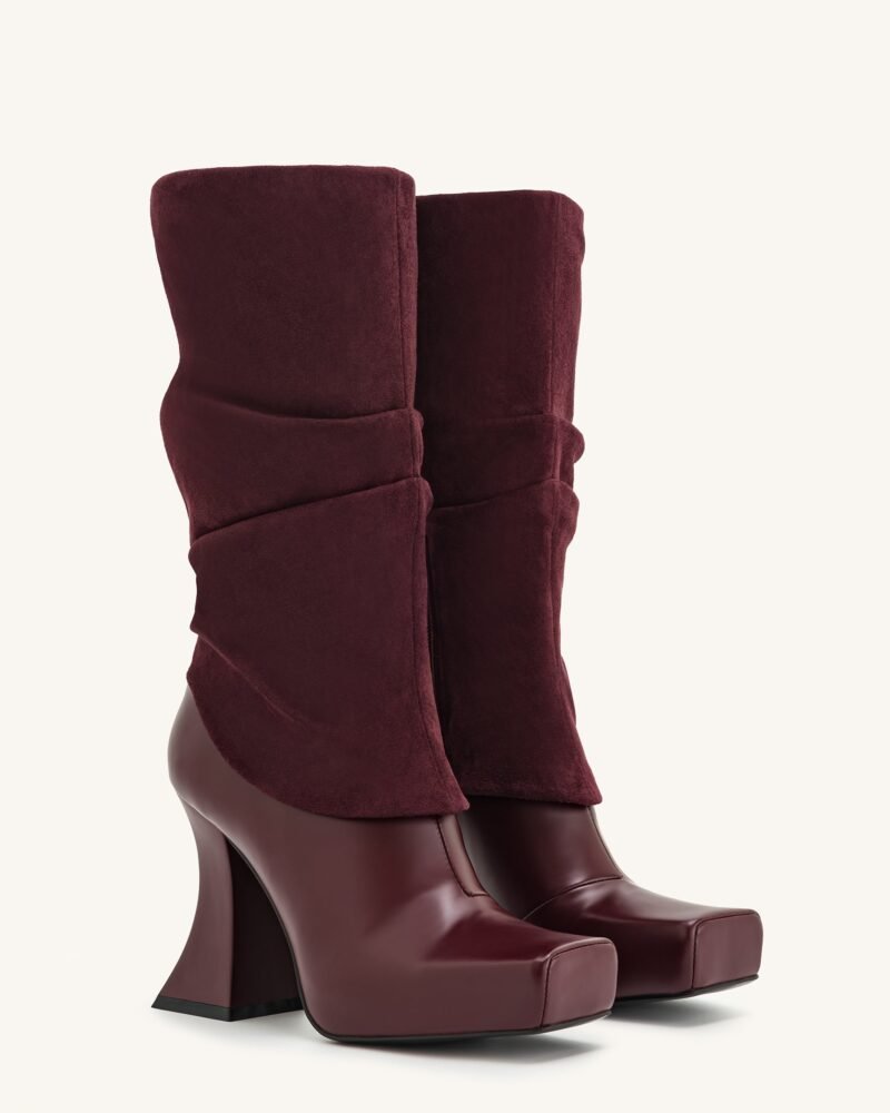 Reyna Square Toe Platform Knit Boots - Claret Red - Image 2