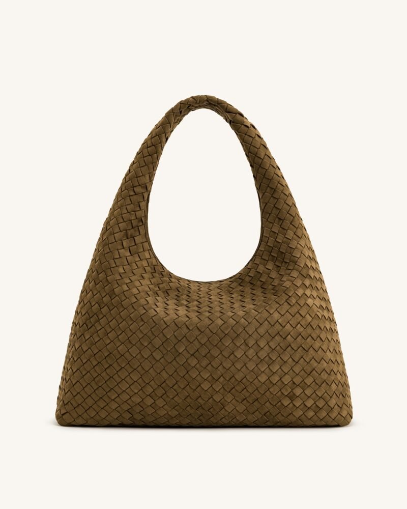 Iaura Faux Suede Woven Shoulder Bag - Olive Green - Image 1