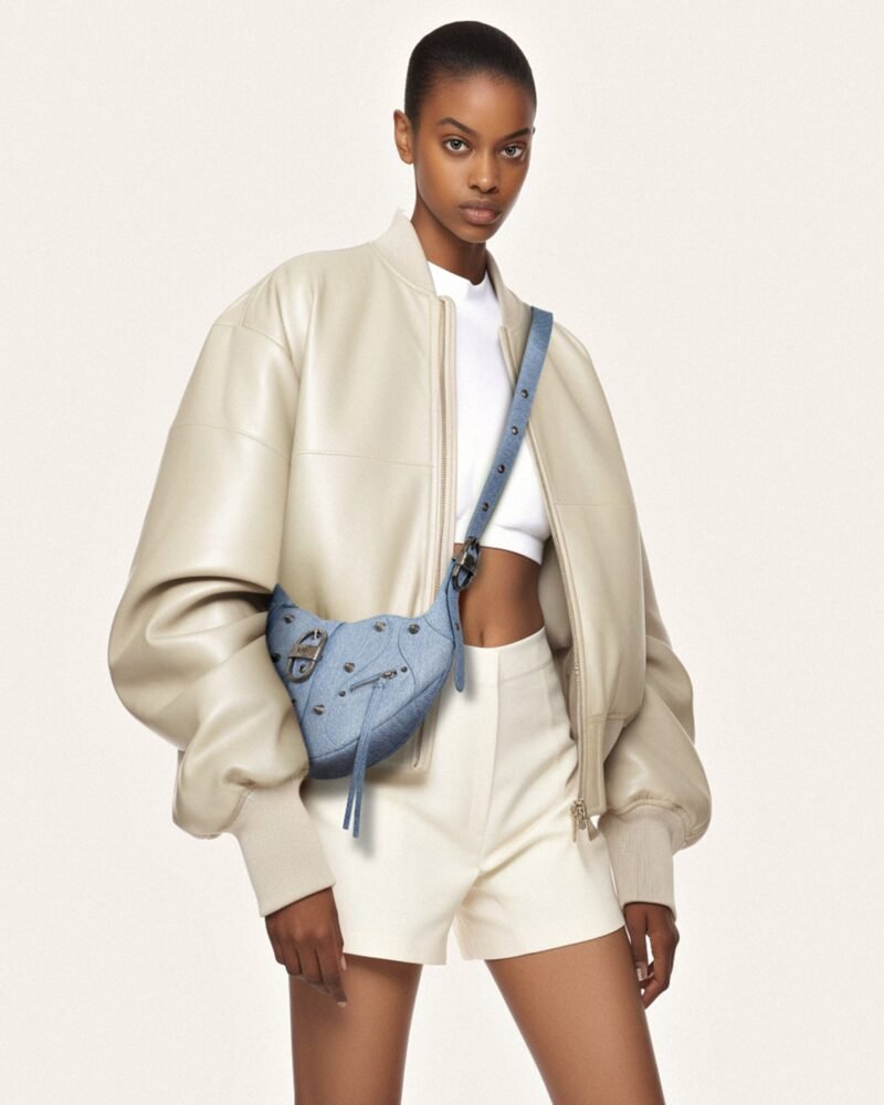 Tessa Denim Embossed Shoulder Bag - Blue - Image 2