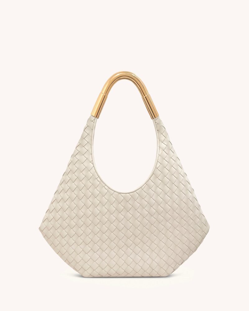 Olivia Hand-Woven Metal Handle Hobo Bag - White - Image 1