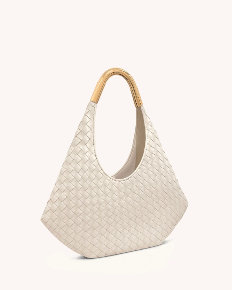 Olivia Hand-Woven Metal Handle Hobo Bag - White - Image 2