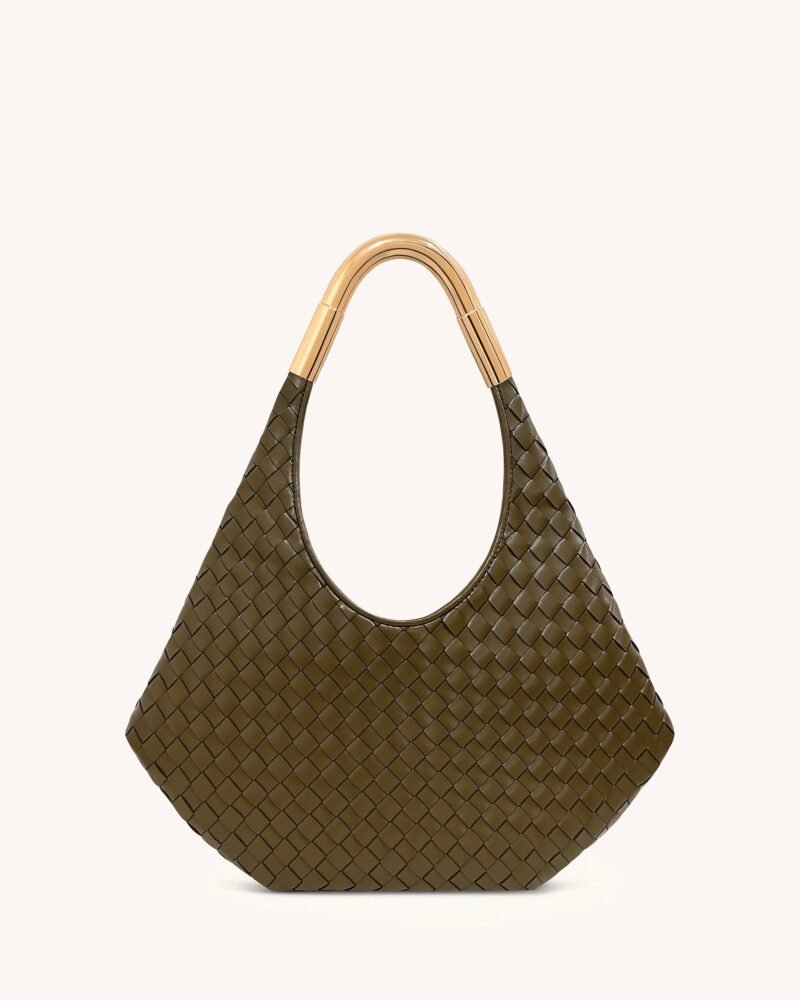 Olivia Hand-Woven Metal Handle Hobo Bag - Olive Green - Image 1