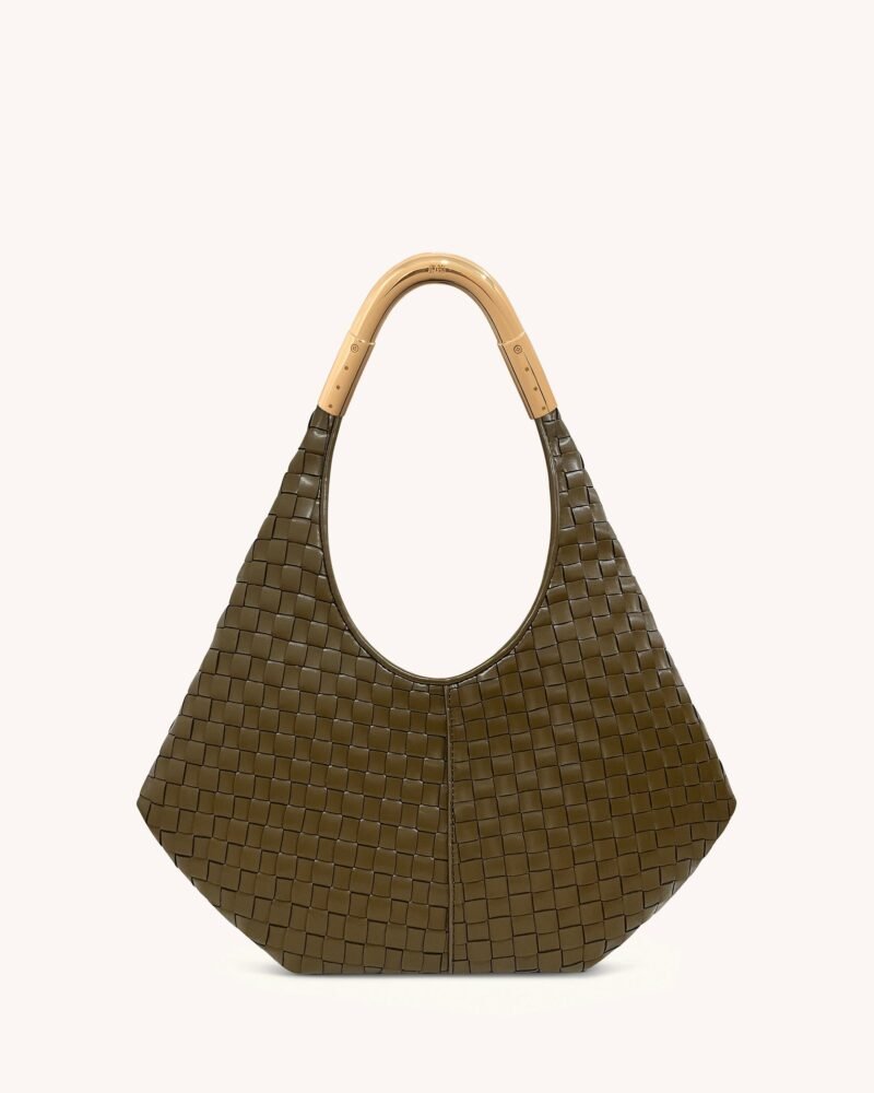 Olivia Hand-Woven Metal Handle Hobo Bag - Olive Green - Image 3