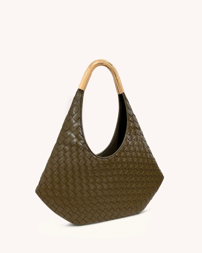 Olivia Hand-Woven Metal Handle Hobo Bag - Olive Green - Image 2