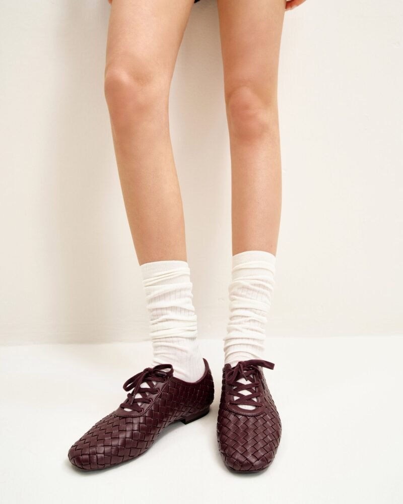 Kayla Weave Strap Flat Shoes - Claret Red - Image 2