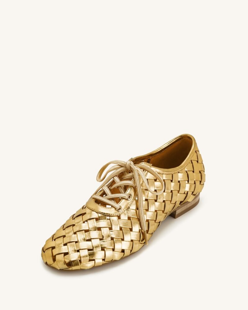 Kayla Weave Strap Flat Shoes - Gold - Image 6