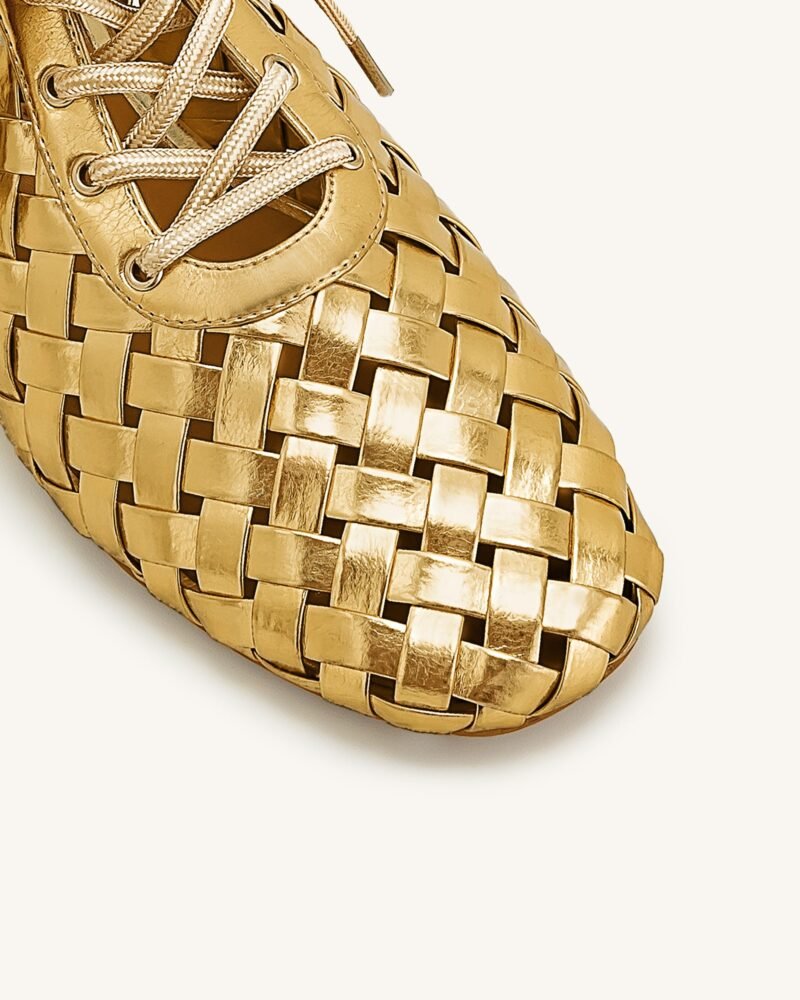 Kayla Weave Strap Flat Shoes - Gold - Image 5