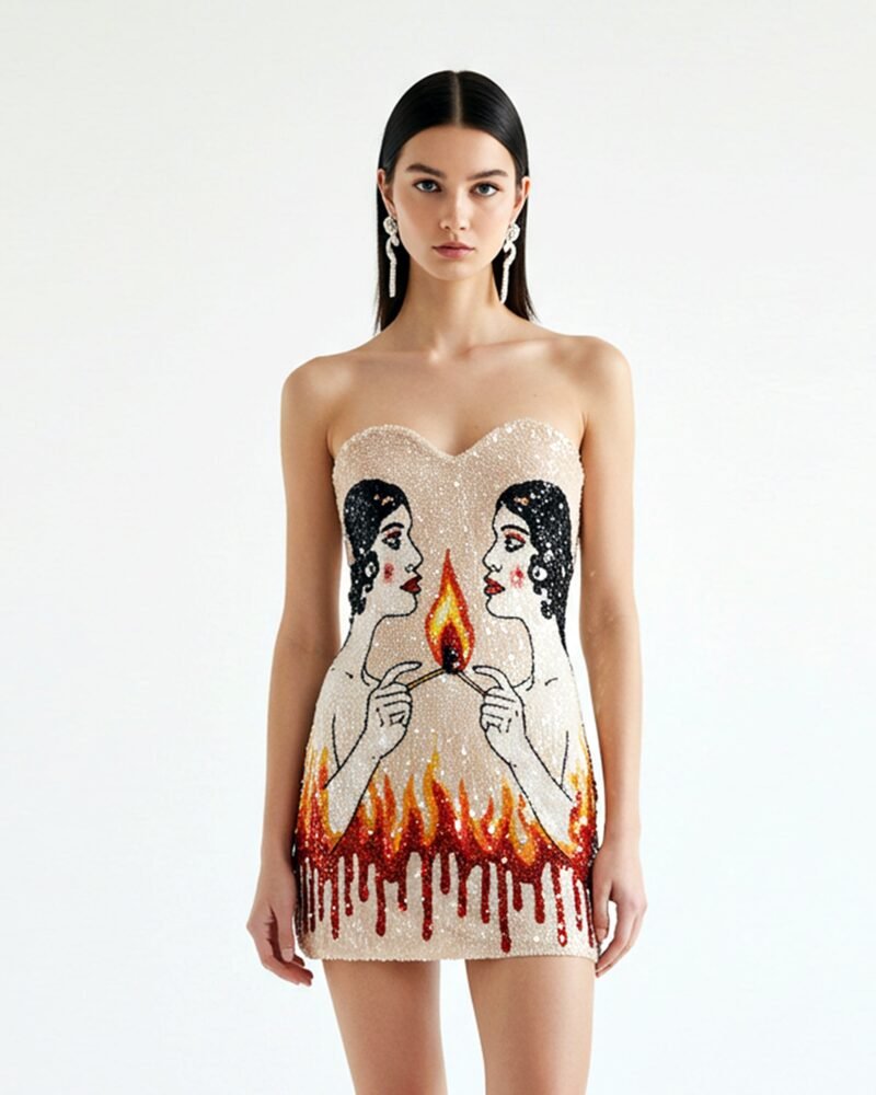 Sequined Flame Motif Strapless Dress – MultiColor - Image 1