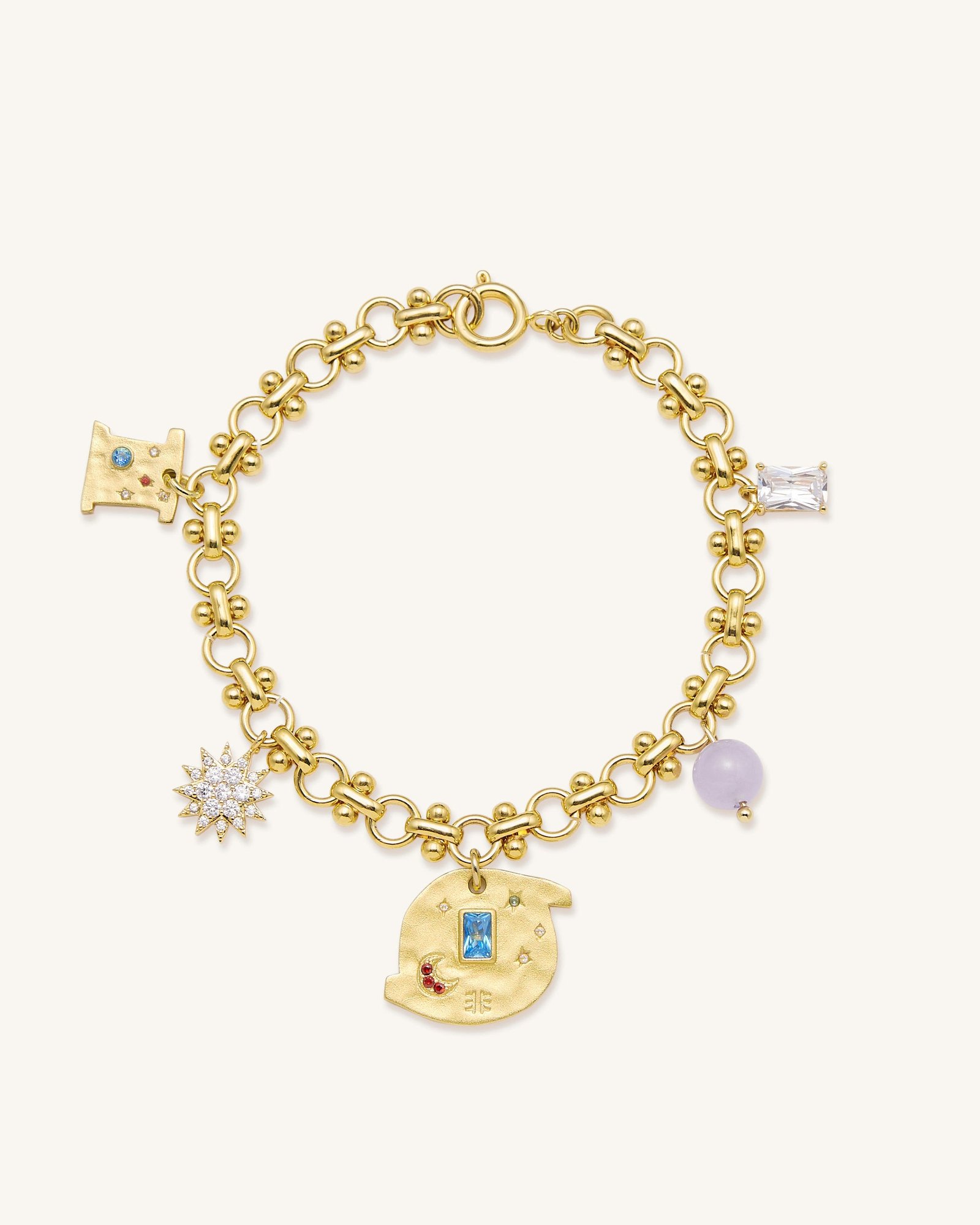 BR001-1_a_74898914-3848-4739-860b-1fbc69f3ce5b Cosmos Round Multi Charm Bracelet - 18ct Gold Plated & Multicolor Zircon & Purple Beads - Image 1