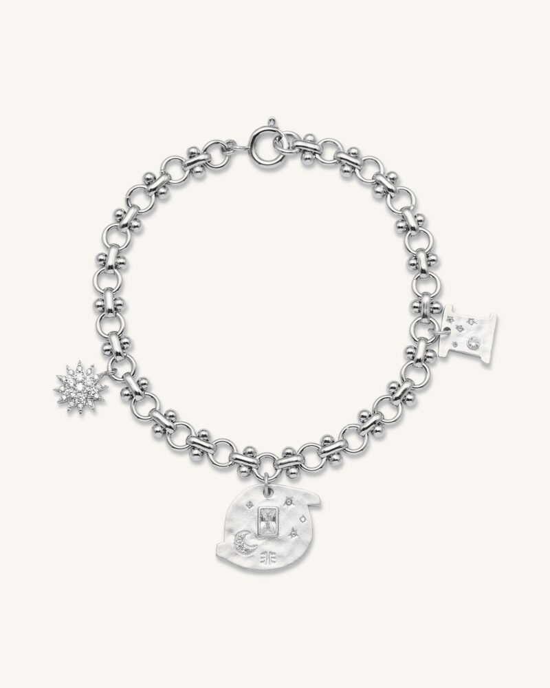 Cosmos Round Multi Charm Bracelet - 18ct White Gold Plated & White Zircon - Image 1