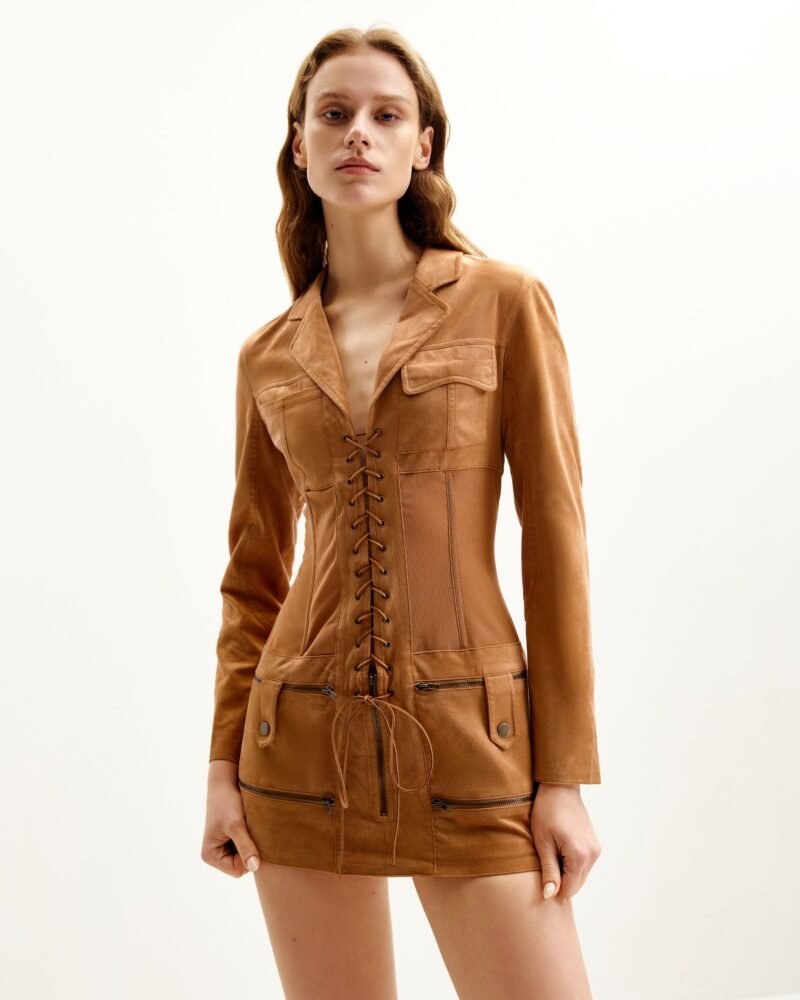 Faux Suede Corset Jacket Mini Dress - Camel - Image 2