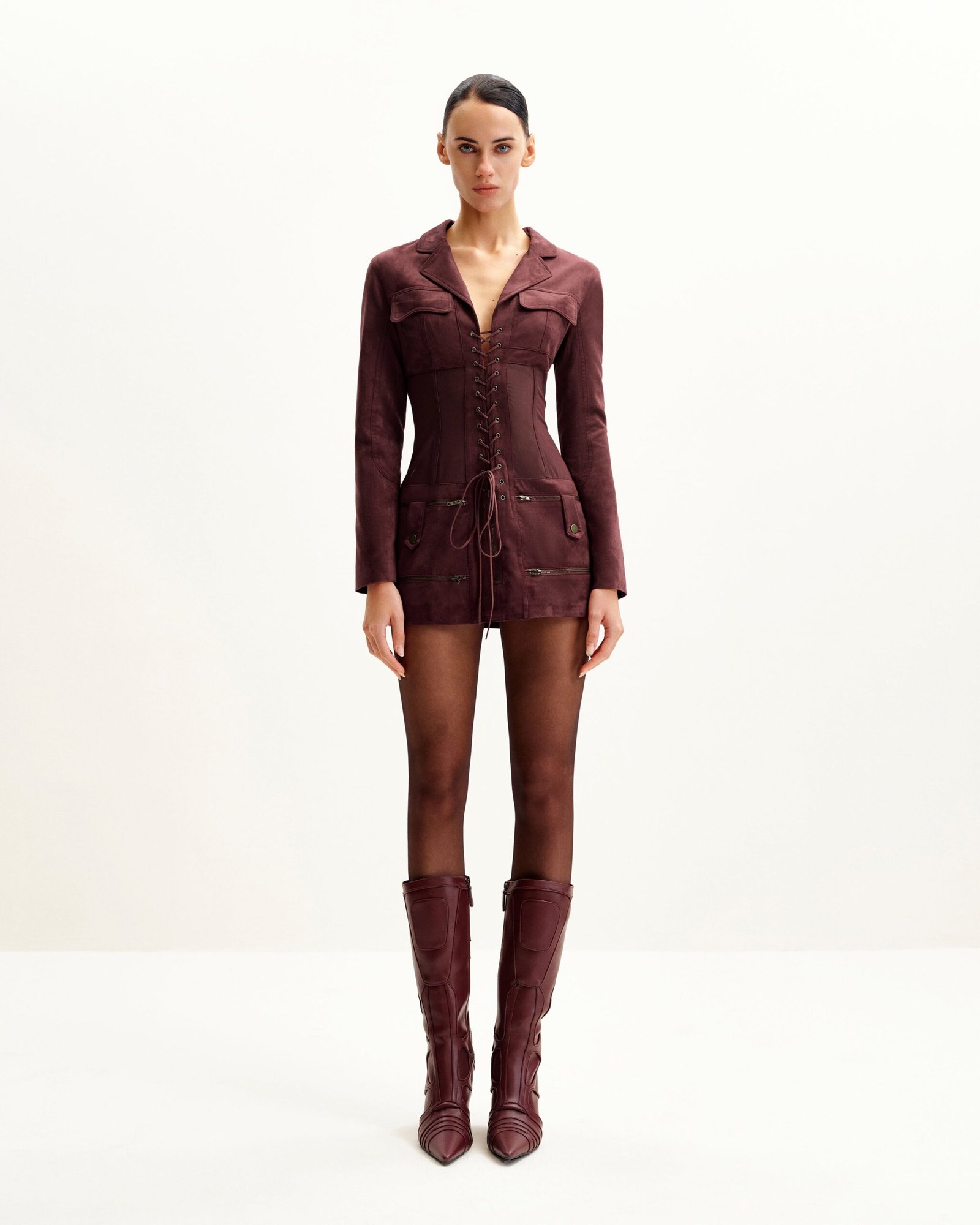 DS004-4_1 Faux Suede Corset Jacket Mini Dress - Claret - Image 1