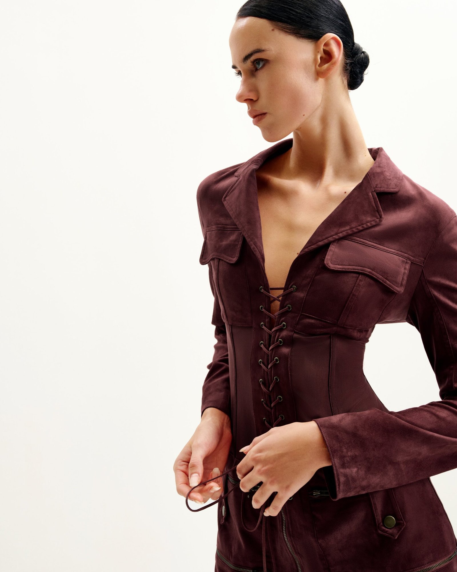 DS004-4_2 Faux Suede Corset Jacket Mini Dress - Claret - Image 4