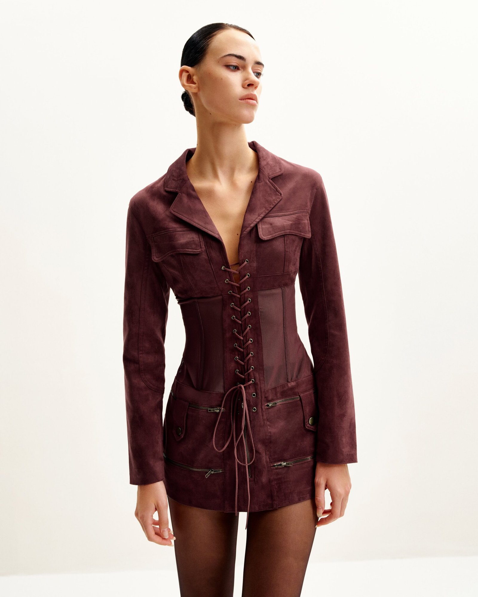 DS004-4_3 Faux Suede Corset Jacket Mini Dress - Claret - Image 2