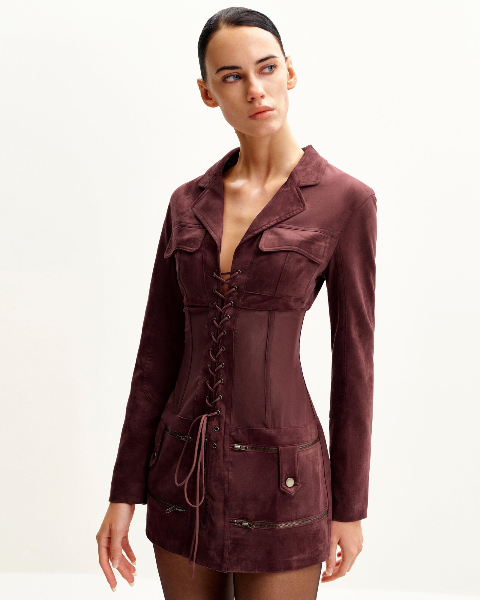 DS004-4_4 Faux Suede Corset Jacket Mini Dress - Claret - Image 3
